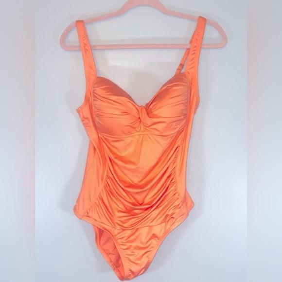 Liz Claiborne Retro Pinup Orange Coral Ruched One Piece Swimsuit size 12 - Picture 4 of 10